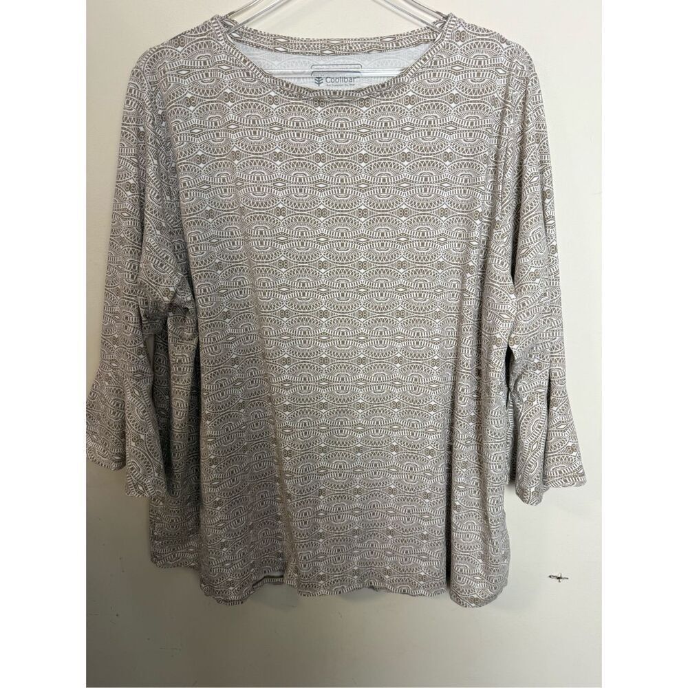 Coolibar UPF 50+ Women's Iris Ruffle Sleeve Top - Sandbar Taupe Geo Medallion Si